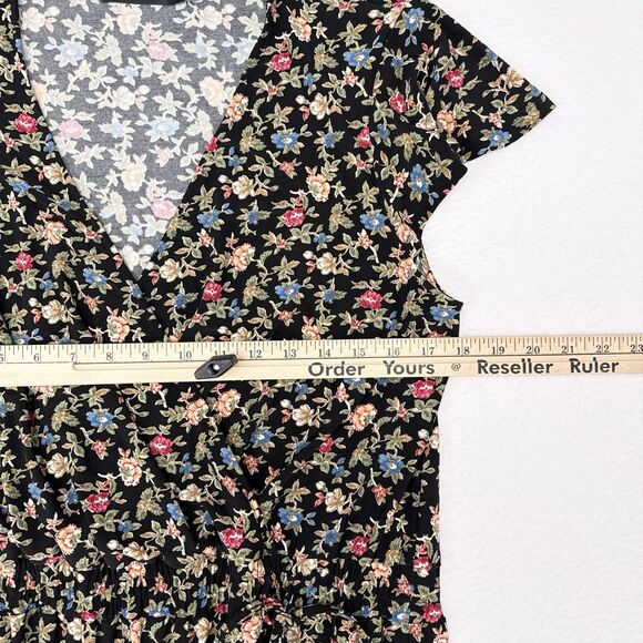 Lauren Ralph Lauren Dress Size 12 Black Floral Tiered Faux Wrap Cocktail Flutter - Picture 8 of 9